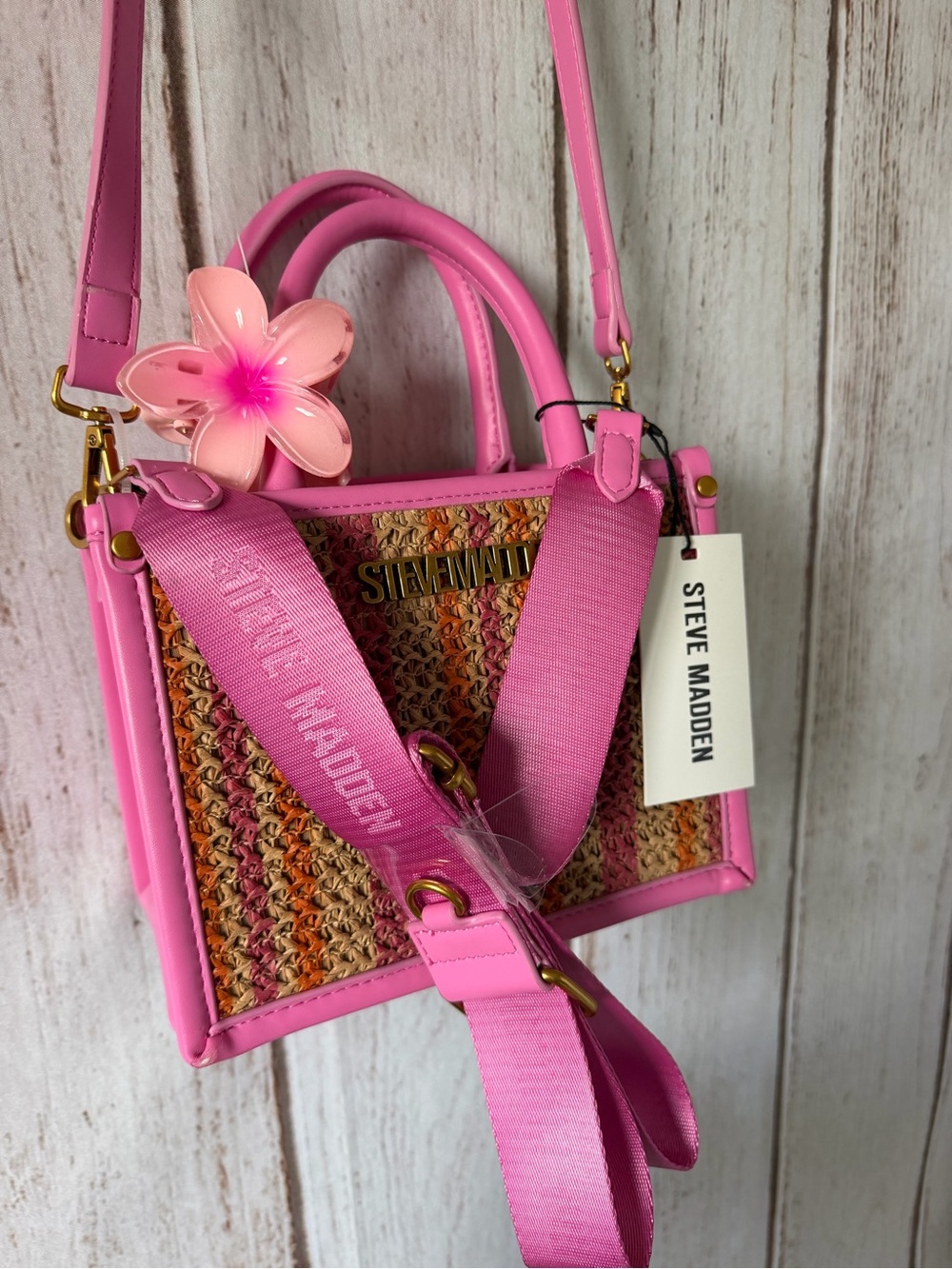 Steve Madden Pink Woven Straw Mini Tote Crossbody Bag with Flower Clip